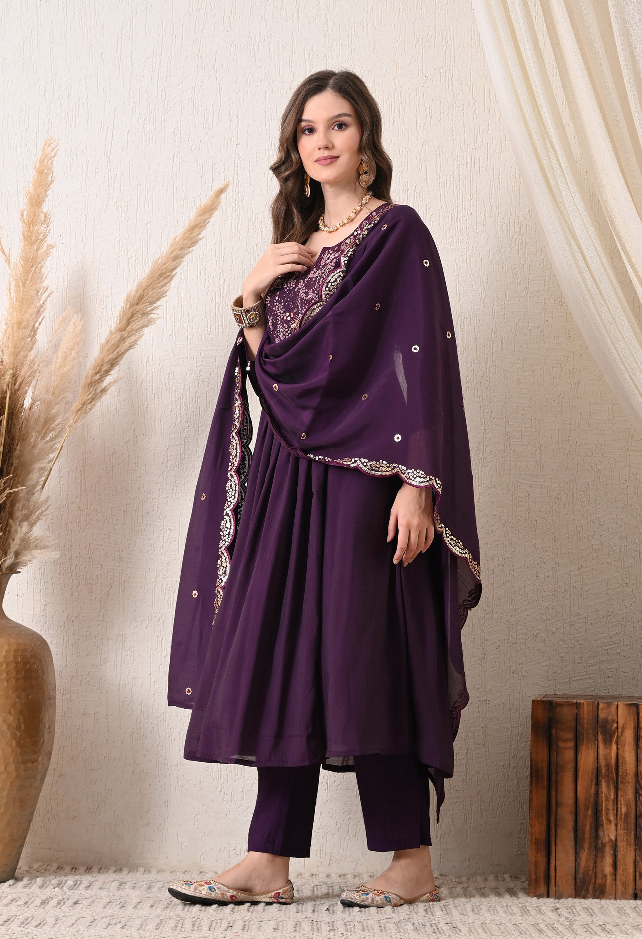 Purple Silk Chanderi Embroidered Anarkali Suit- Set of 3
