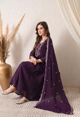 Purple Silk Chanderi Embroidered Anarkali Suit- Set of 3