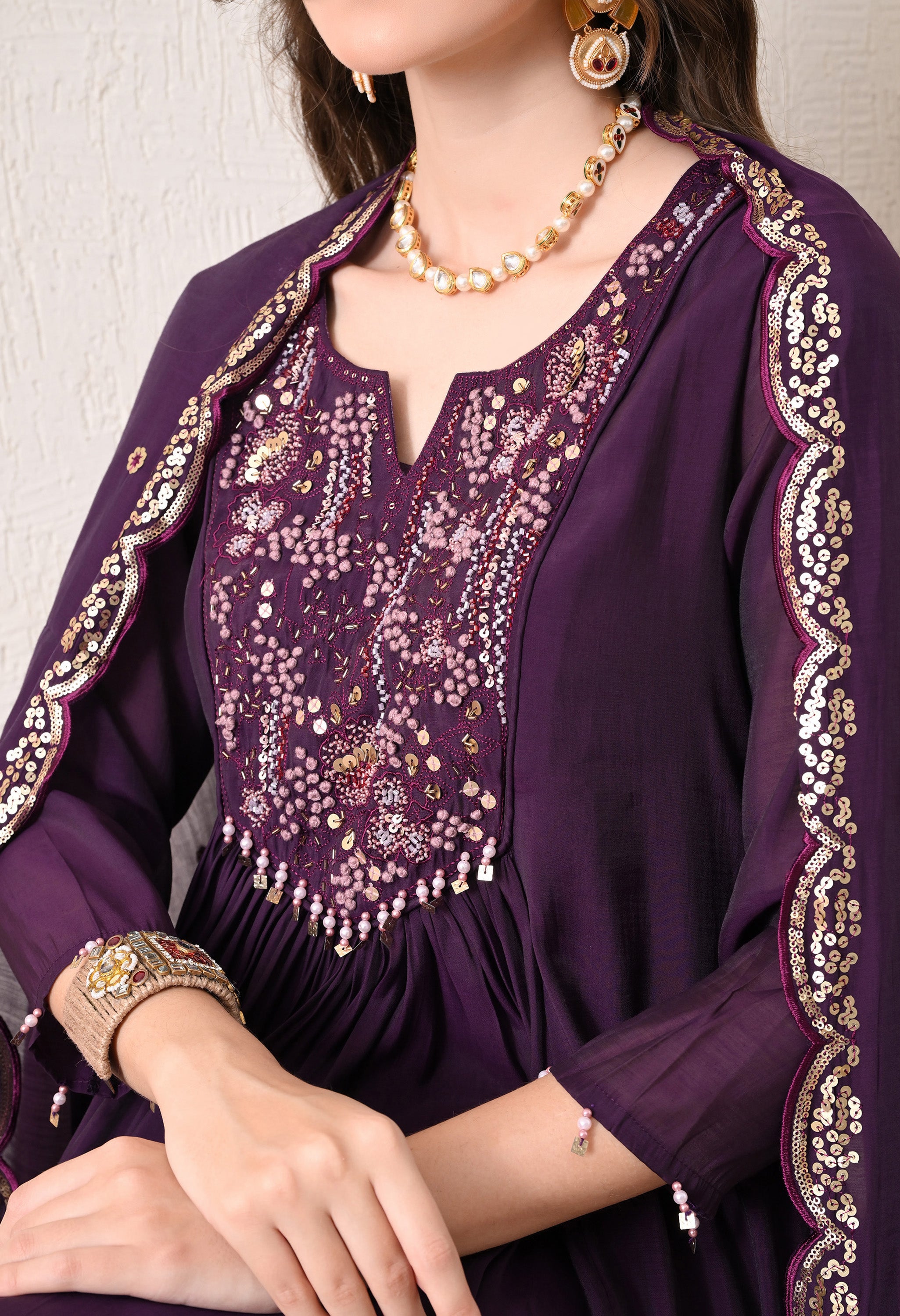 Purple Silk Chanderi Embroidered Anarkali Suit- Set of 3