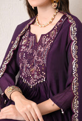 Purple Silk Chanderi Embroidered Anarkali Suit- Set of 3