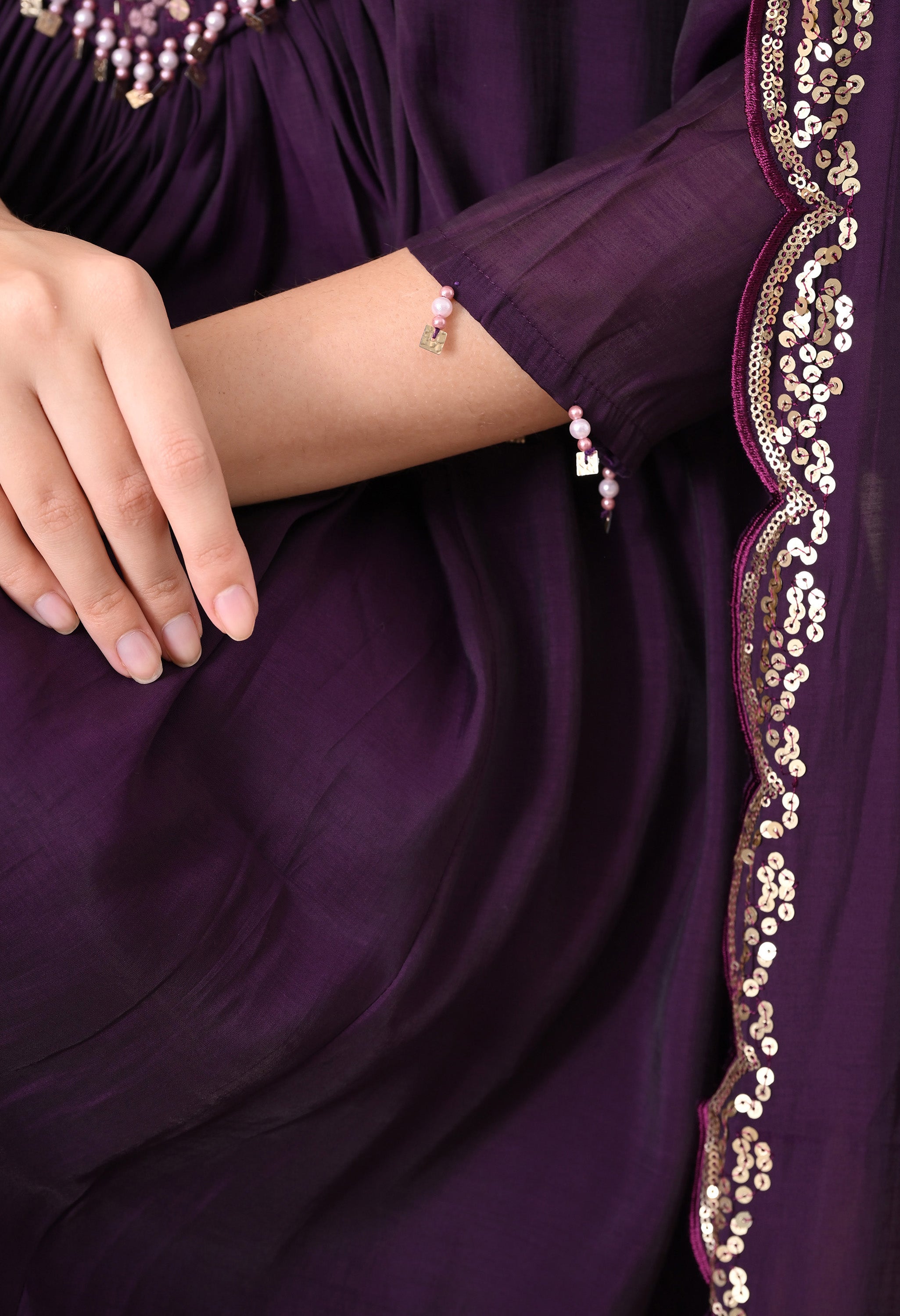 Purple Silk Chanderi Embroidered Anarkali Suit- Set of 3