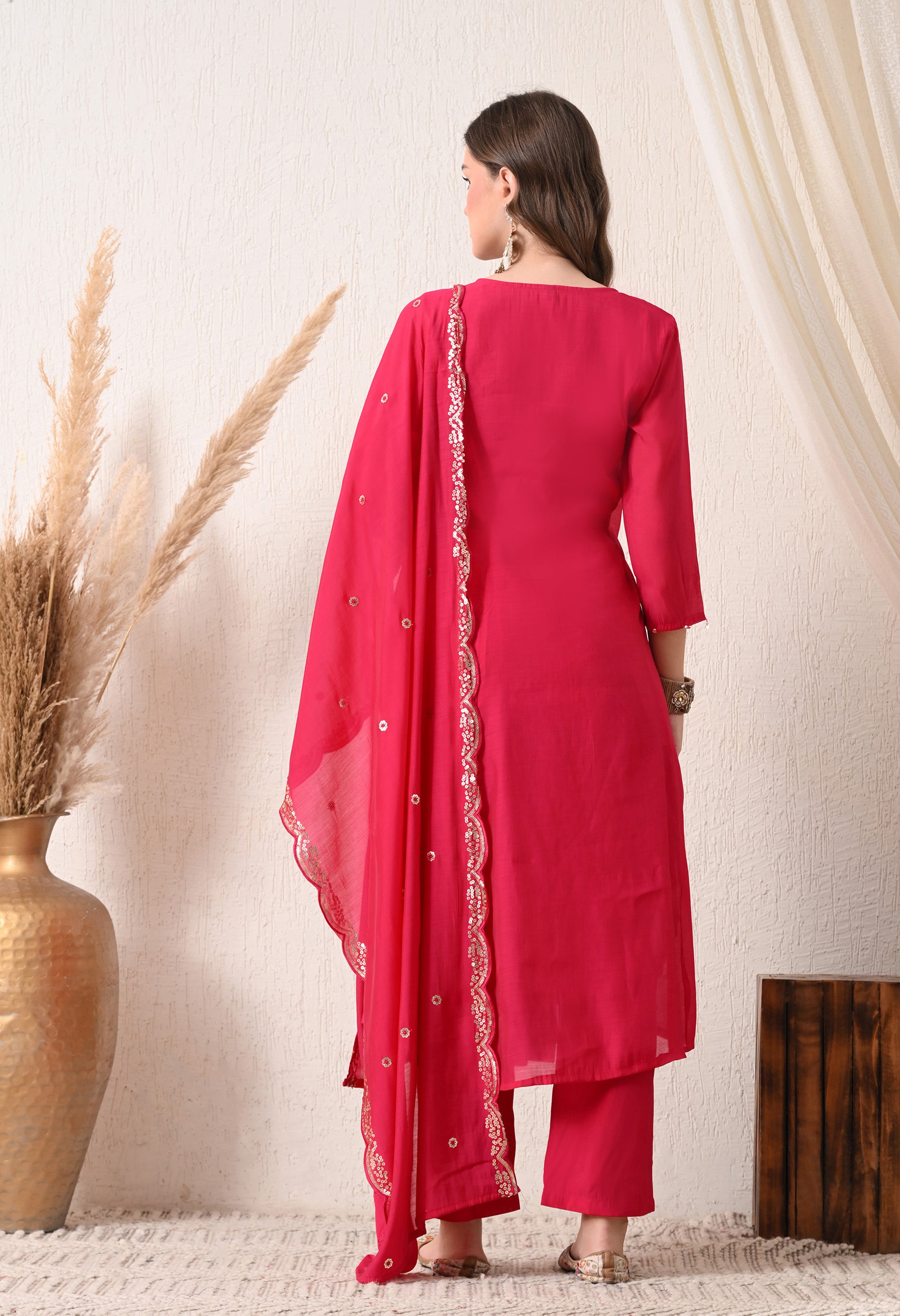 Magenta Silk Chanderi Embroidered Anarkali Suit- Set of 3