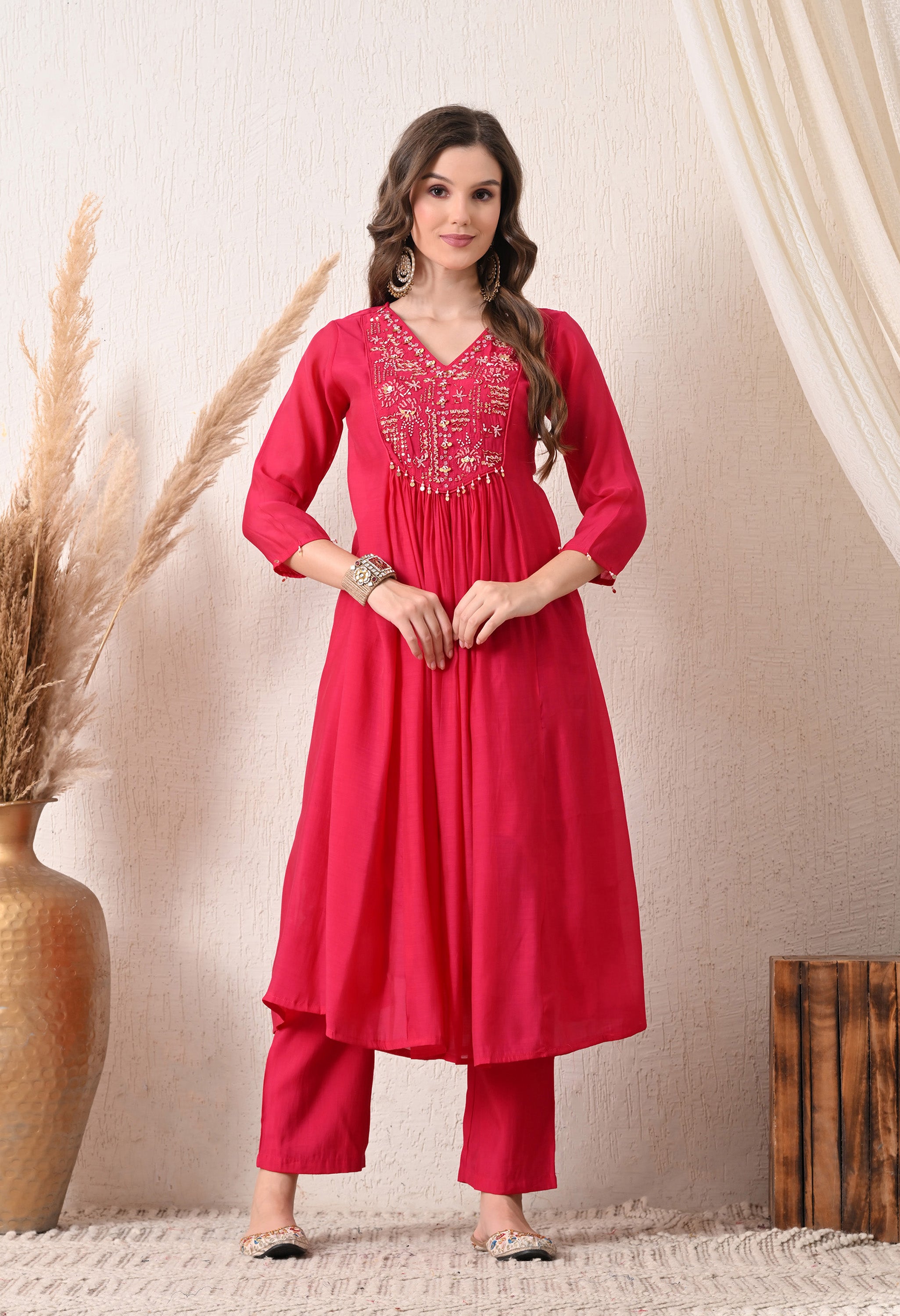 Magenta Silk Chanderi Embroidered Anarkali Suit- Set of 3