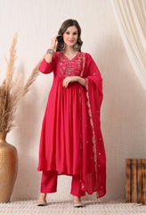 Magenta Silk Chanderi Embroidered Anarkali Suit- Set of 3