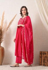 Magenta Silk Chanderi Embroidered Anarkali Suit- Set of 3