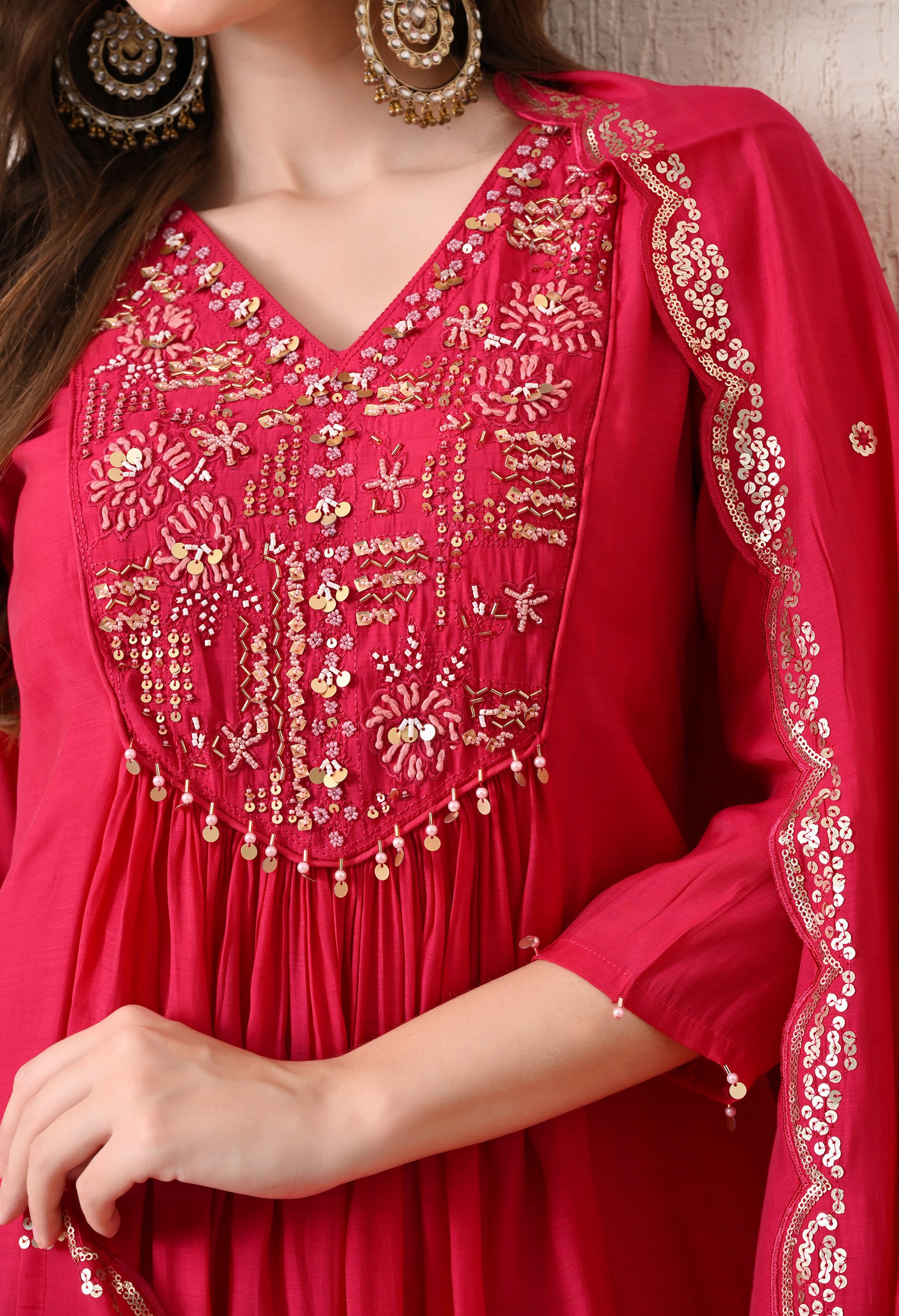 Magenta Silk Chanderi Embroidered Anarkali Suit- Set of 3