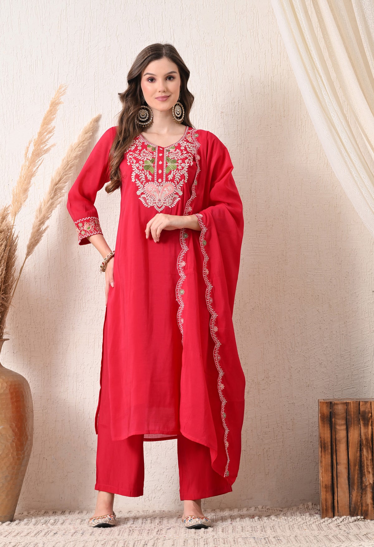 Magenta Modal Silk Embroidered Suit- Set of 3