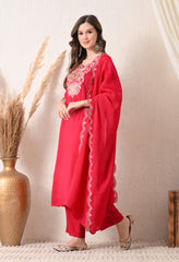 Magenta Modal Silk Embroidered Suit- Set of 3