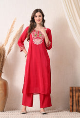 Magenta Modal Silk Embroidered Suit- Set of 3