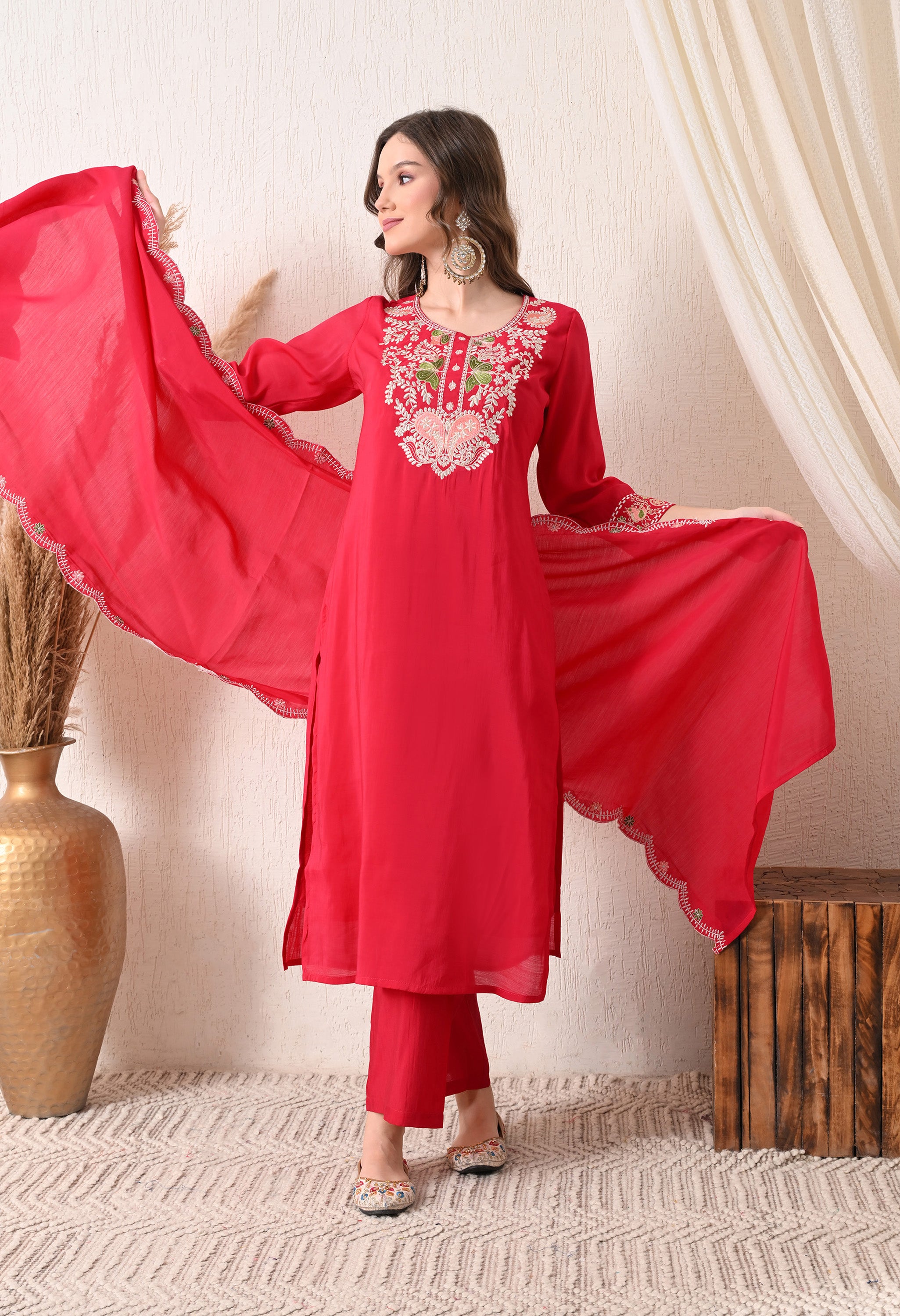 Magenta Modal Silk Embroidered Suit- Set of 3