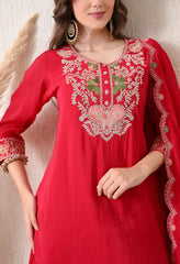 Magenta Modal Silk Embroidered Suit- Set of 3