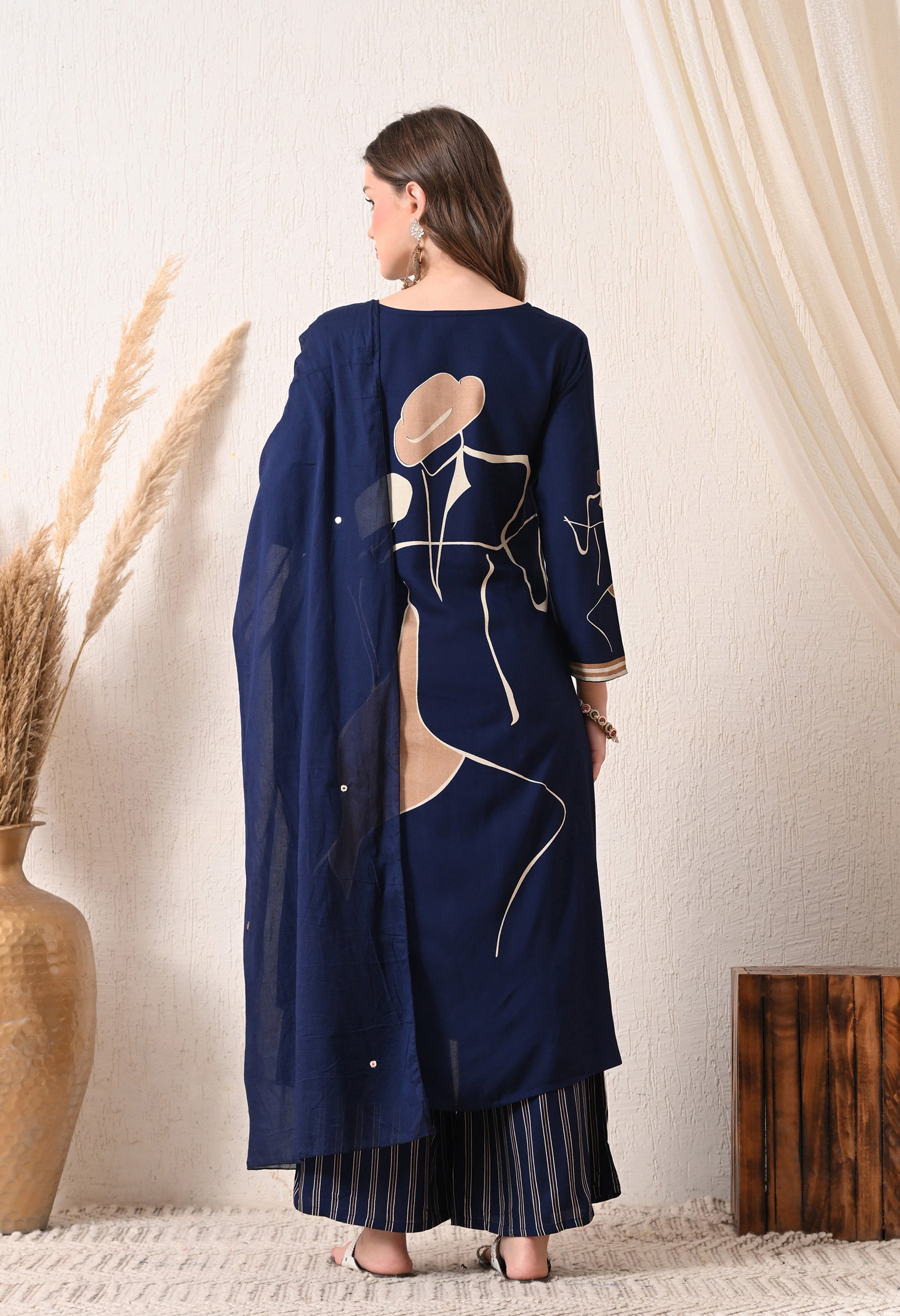 Blue Cotton Modal A-Line Digital Print Suit- Set of 3