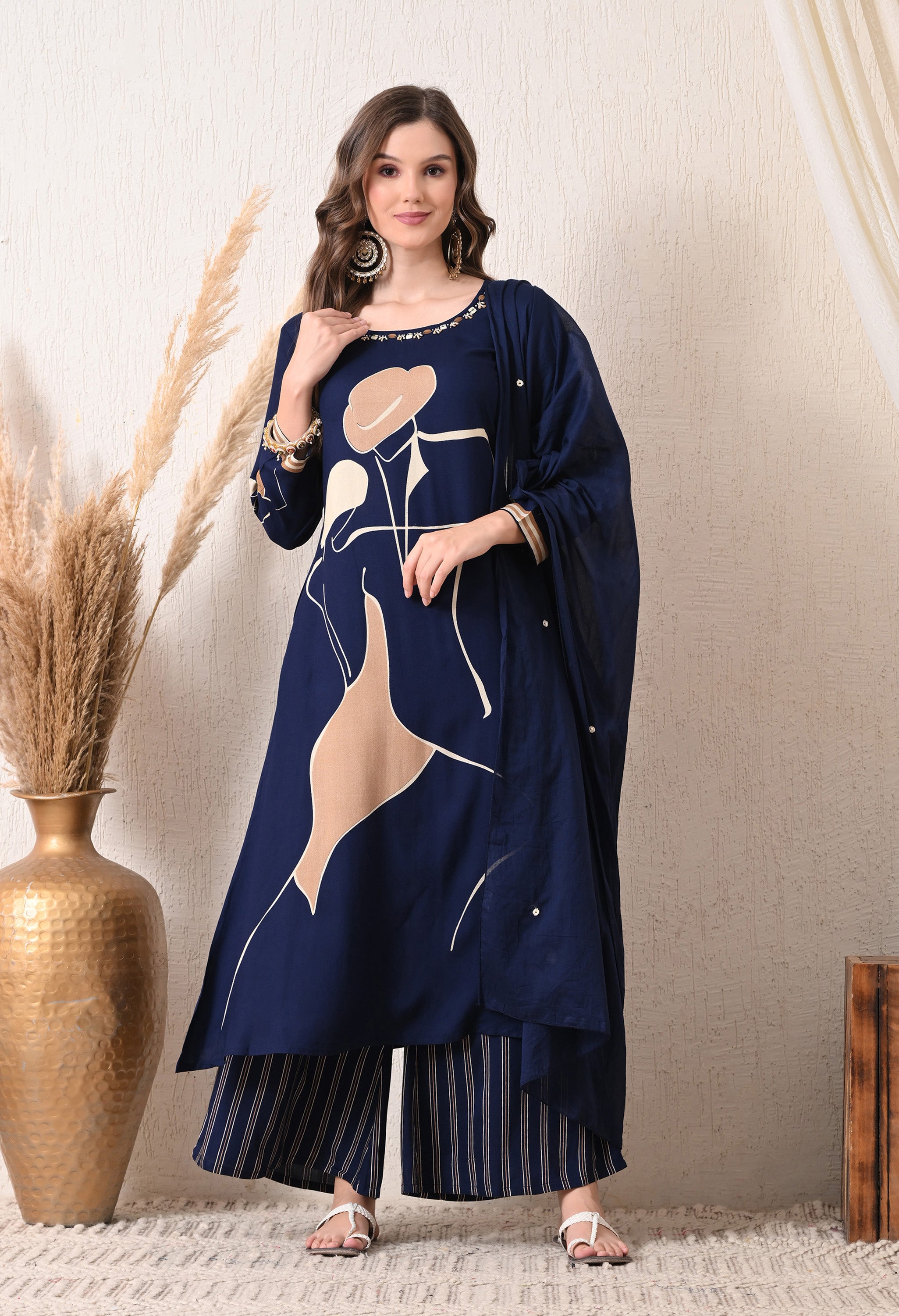 Blue Cotton Modal A-Line Digital Print Suit- Set of 3