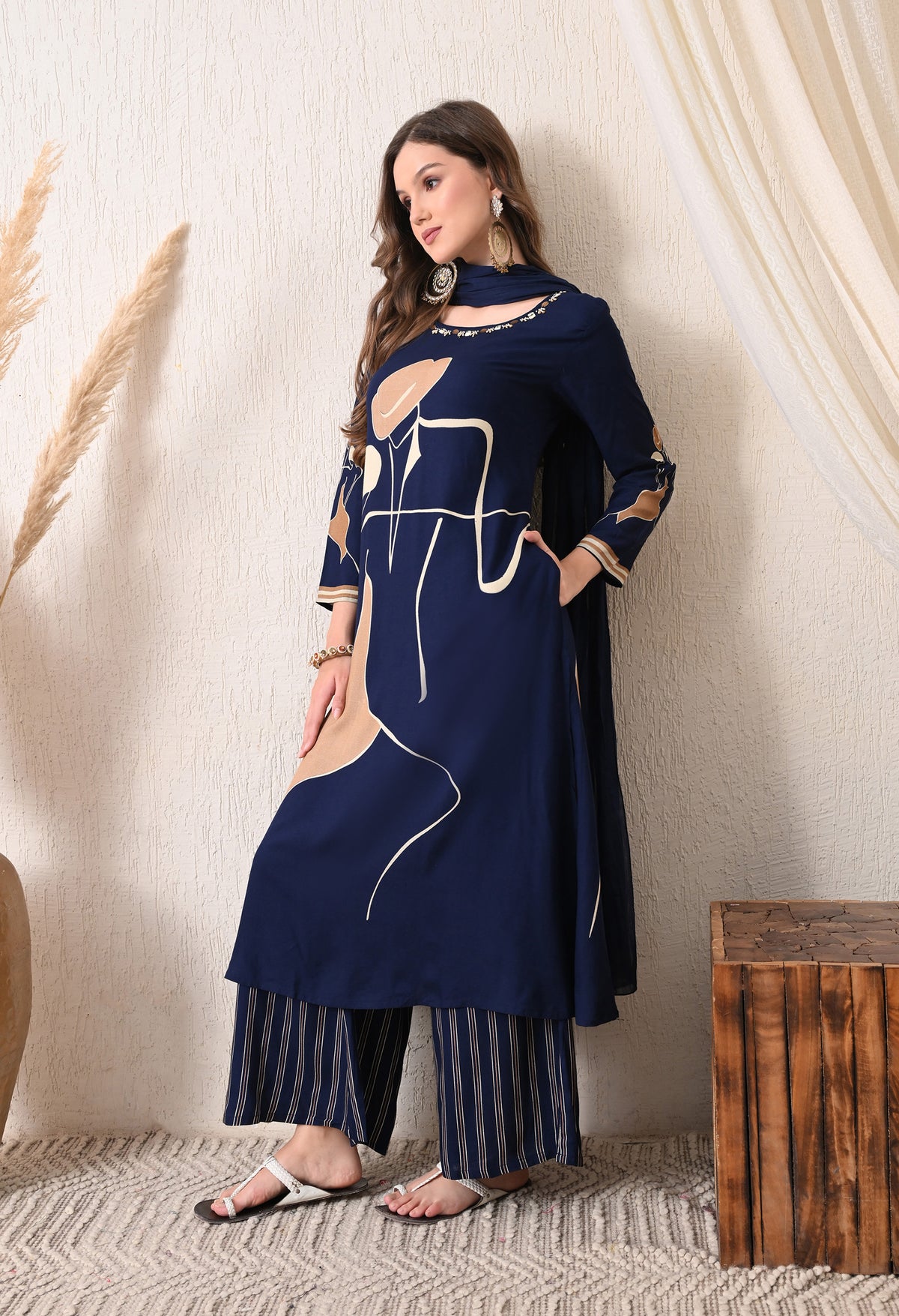 Blue Cotton Modal A-Line Digital Print Suit- Set of 3