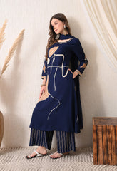 Blue Cotton Modal A-Line Digital Print Suit- Set of 3