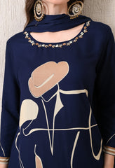 Blue Cotton Modal A-Line Digital Print Suit- Set of 3