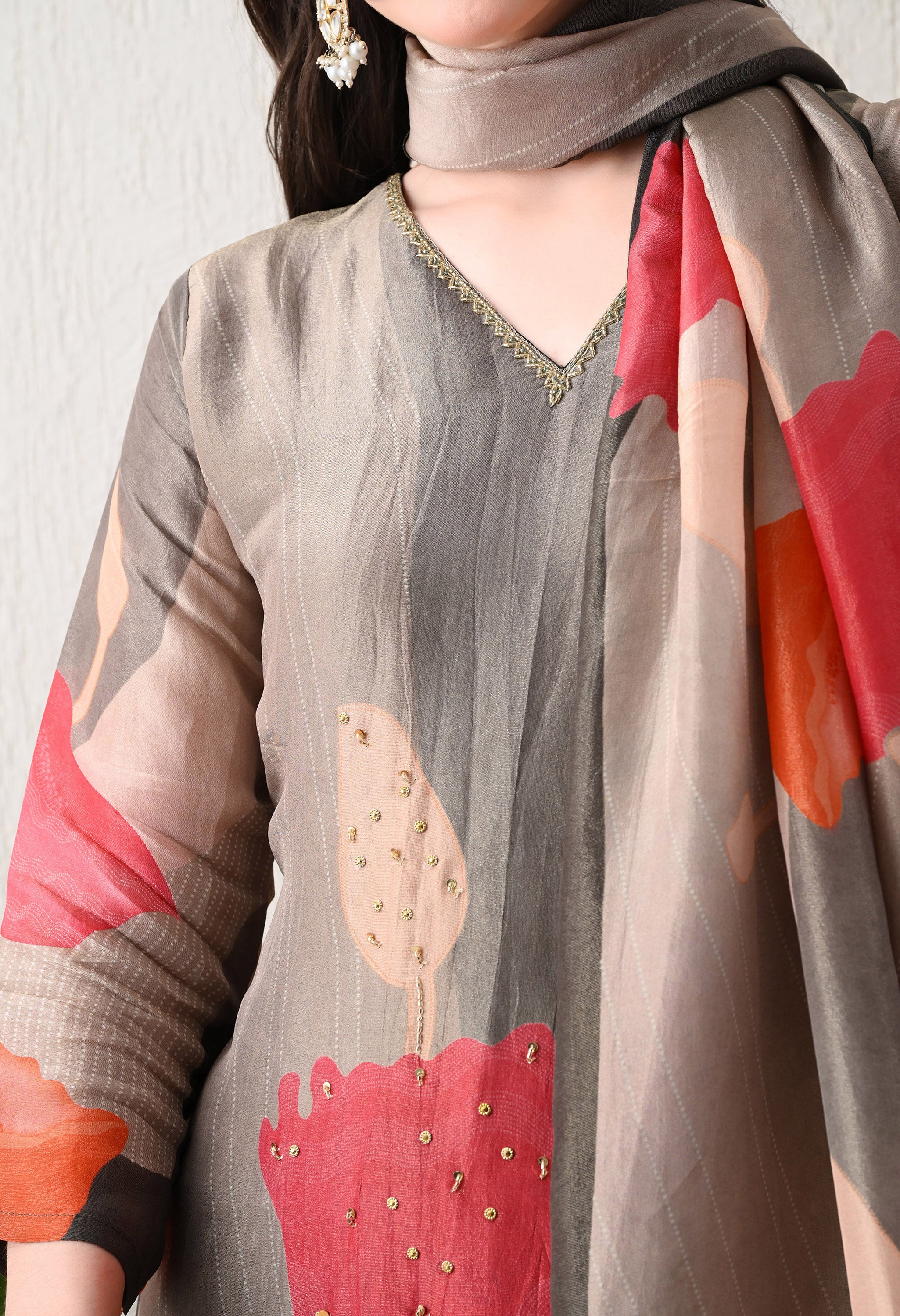 Grey Shimmer Tissue Silk Embroidered Digital Print Suit -Set of 3