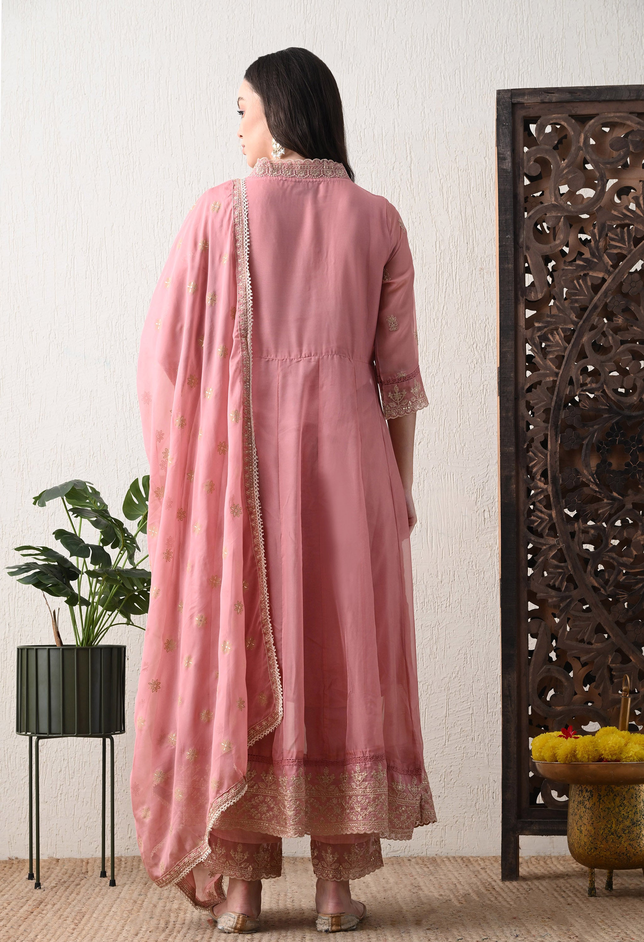 Dusty Rose Embroidered Pure Soft Organza Anarkali suit- Set of 3