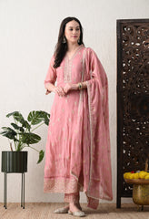 Dusty Rose Embroidered Pure Soft Organza Anarkali suit- Set of 3