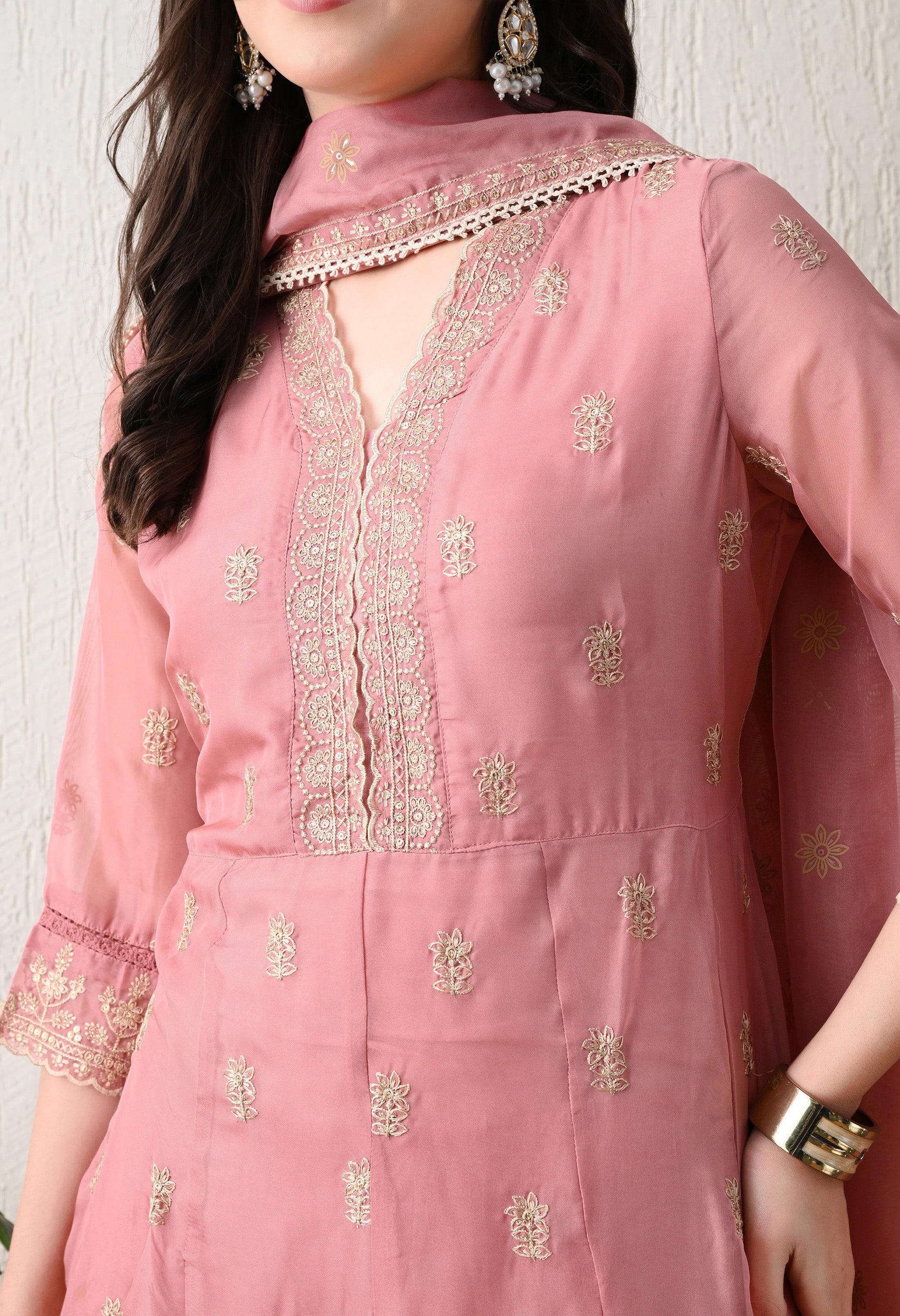 Dusty Rose Embroidered Pure Soft Organza Anarkali suit- Set of 3