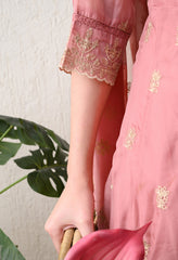 Dusty Rose Embroidered Pure Soft Organza Anarkali suit- Set of 3