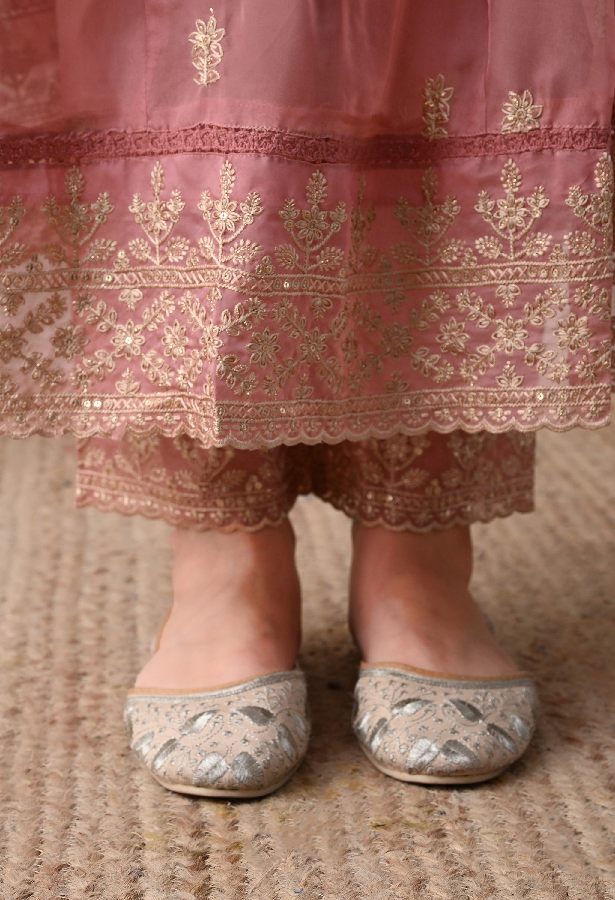 Dusty Rose Embroidered Pure Soft Organza Anarkali suit- Set of 3