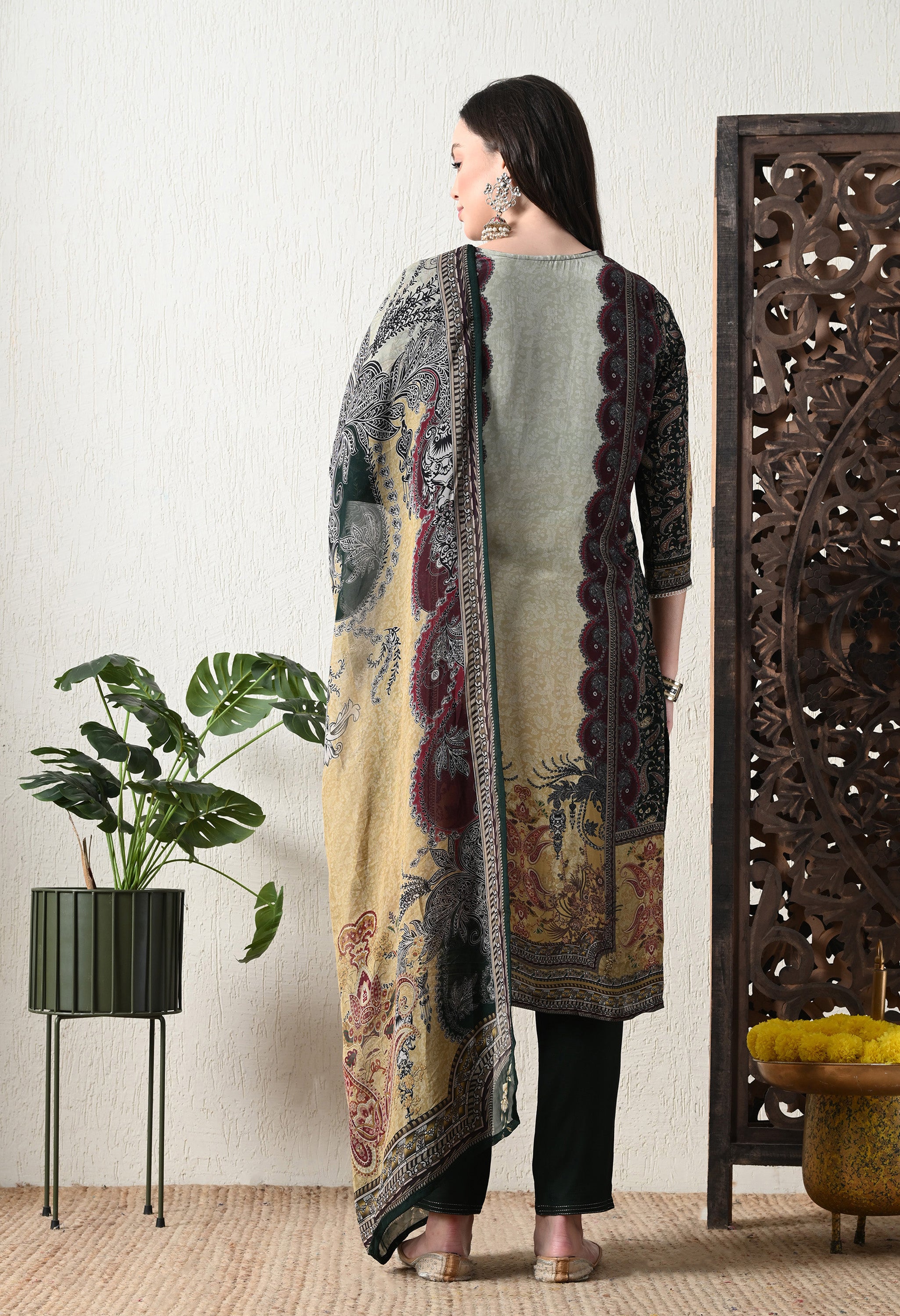 Green Crepe Embroidered Digital Print Suit - Set of 3