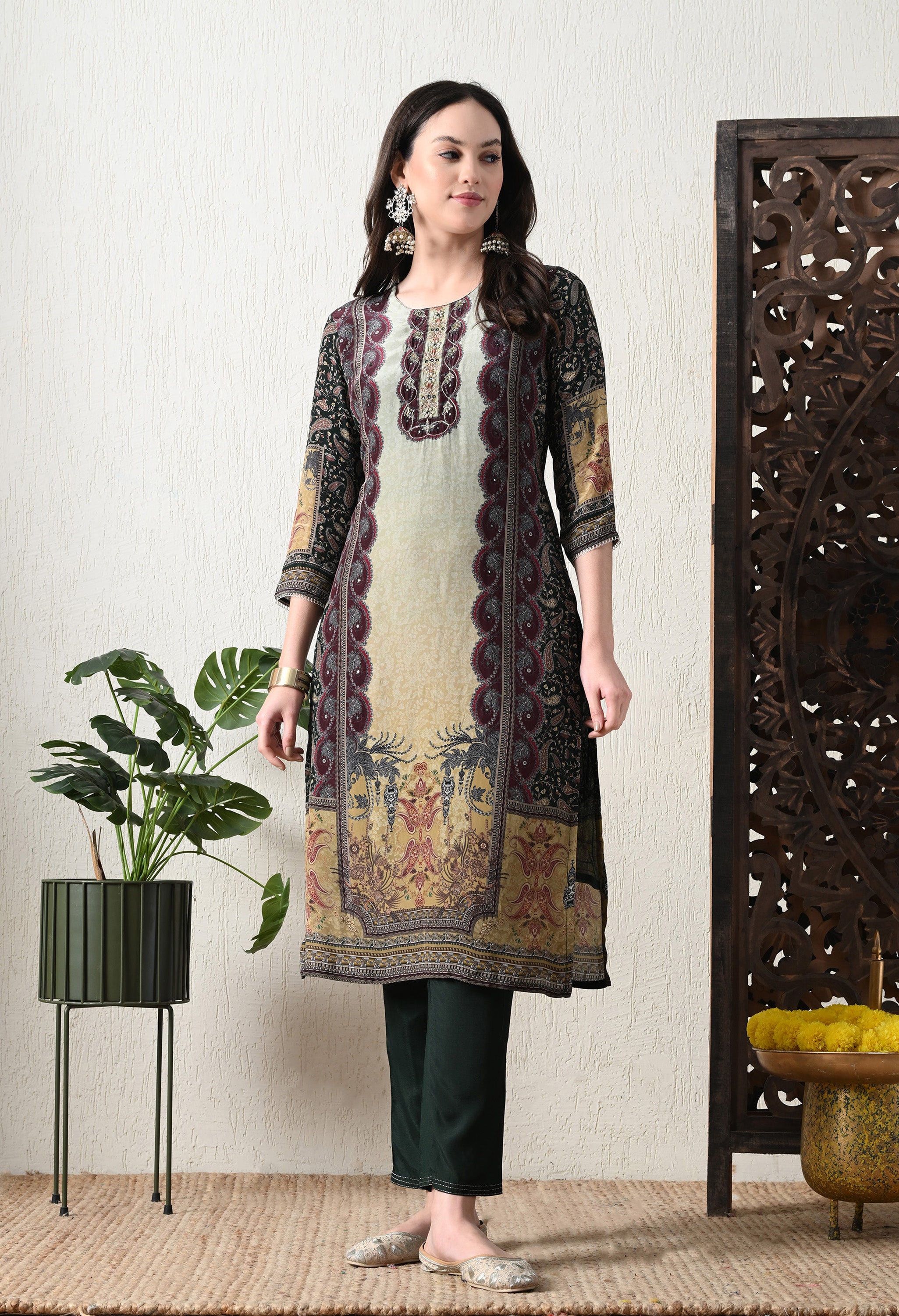 Green Crepe Embroidered Digital Print Suit - Set of 3