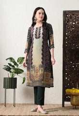Green Crepe Embroidered Digital Print Suit - Set of 3