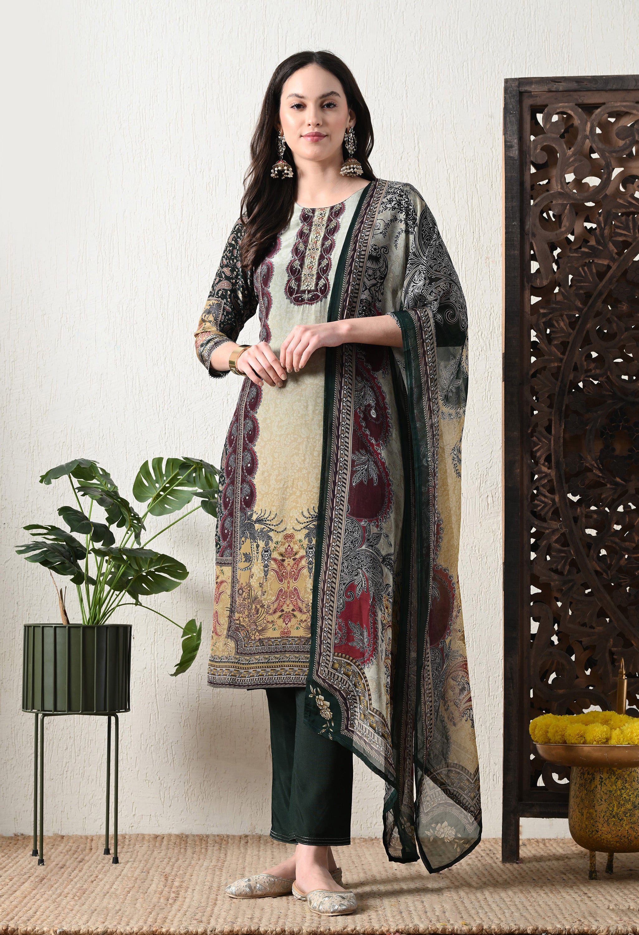 Green Crepe Embroidered Digital Print Suit - Set of 3