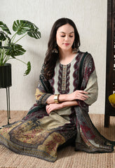 Green Crepe Embroidered Digital Print Suit - Set of 3