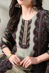 Green Crepe Embroidered Digital Print Suit - Set of 3