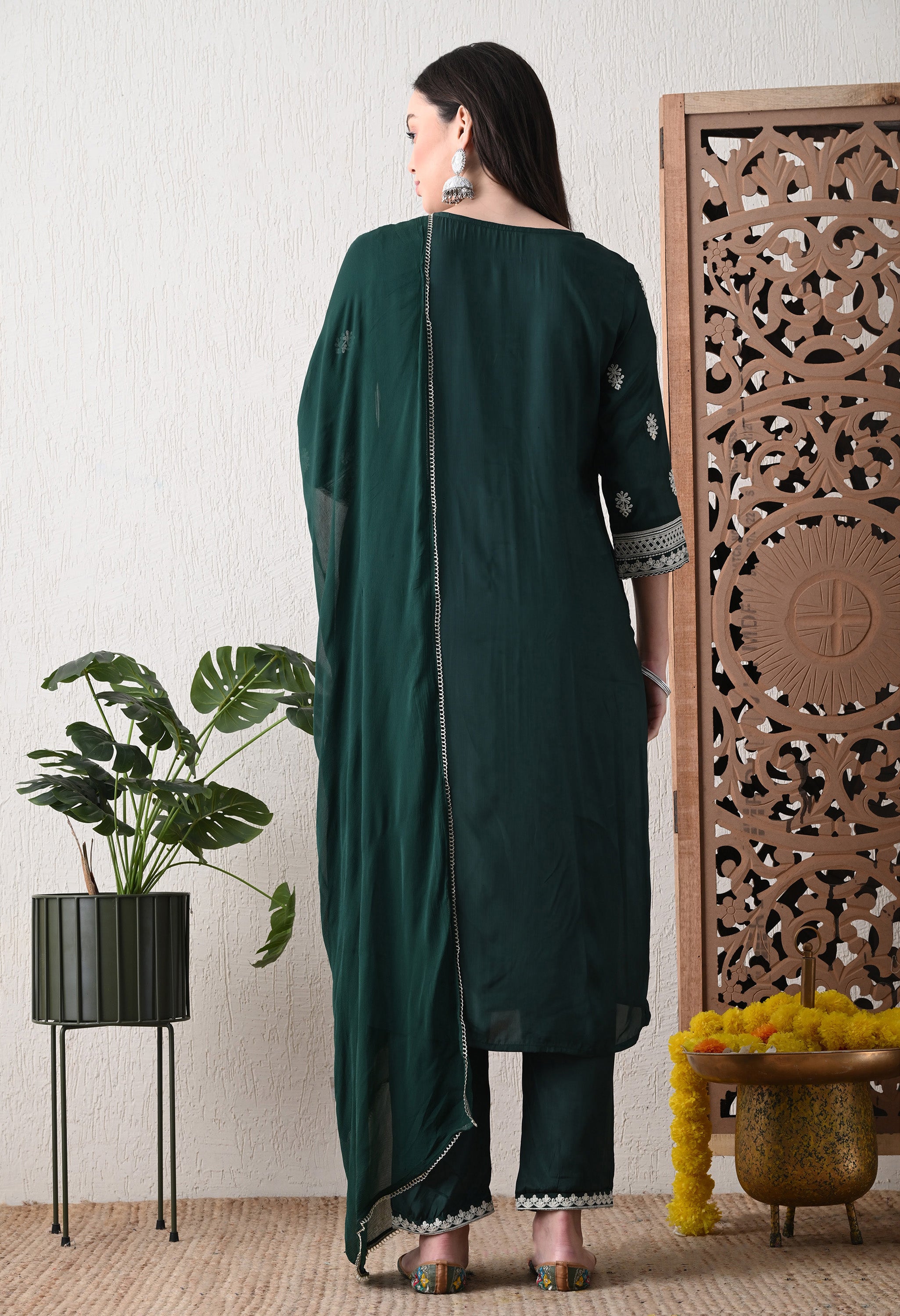 Bottle Green Embroidered Crepe Pakistani Suit - Set of 3