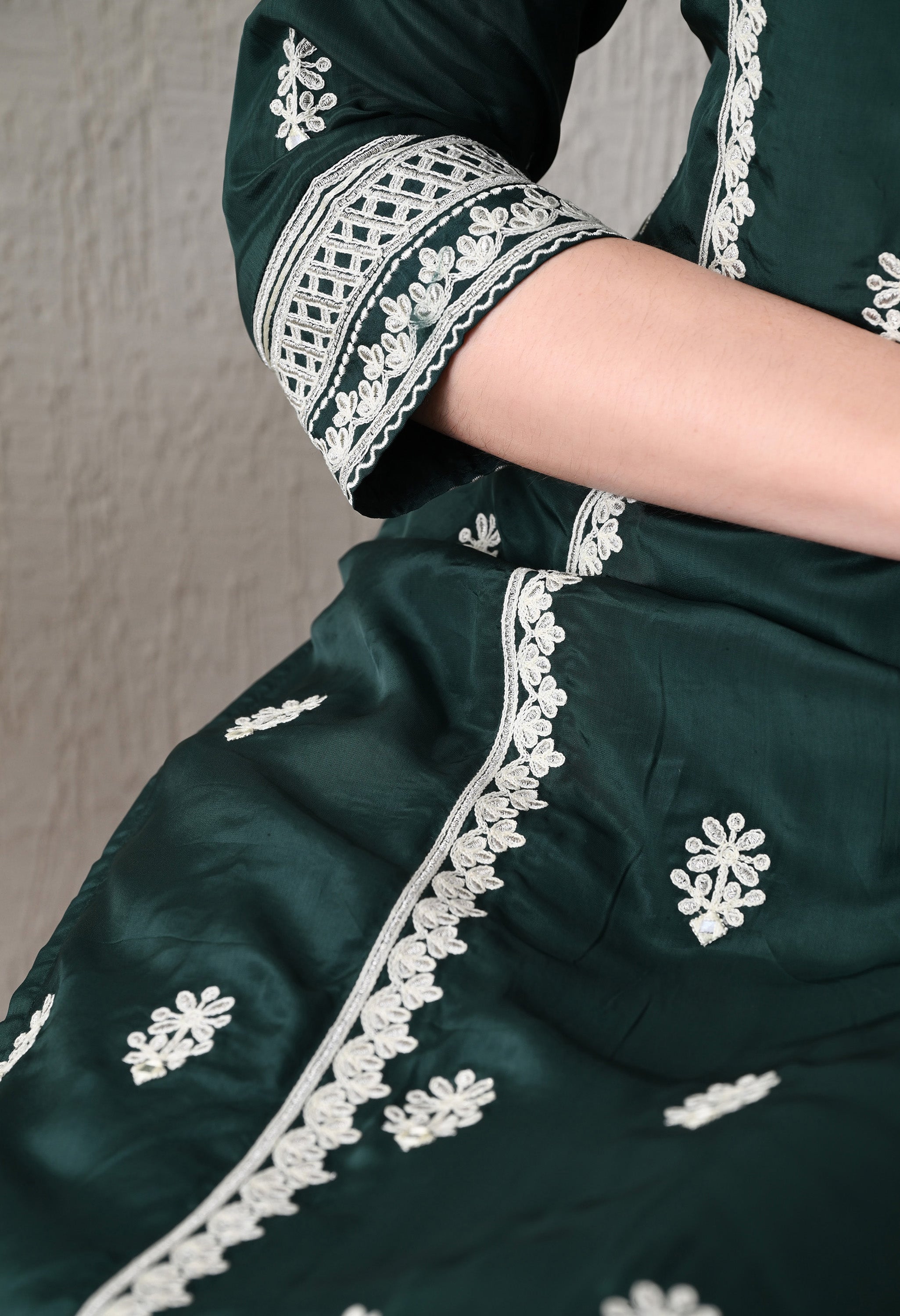 Bottle Green Embroidered Crepe Pakistani Suit - Set of 3