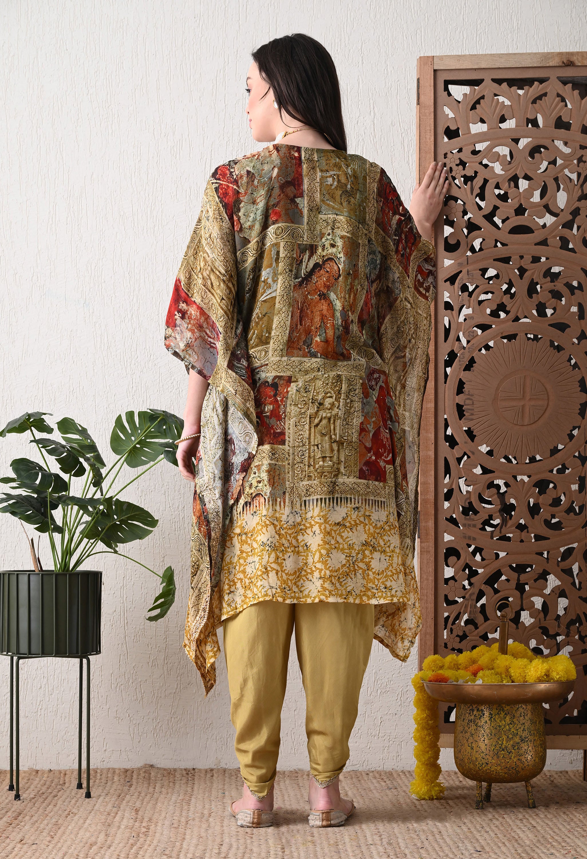 Brown Chinon Digital Print Kaftan with Tulip Pants and Potli - Set of 3
