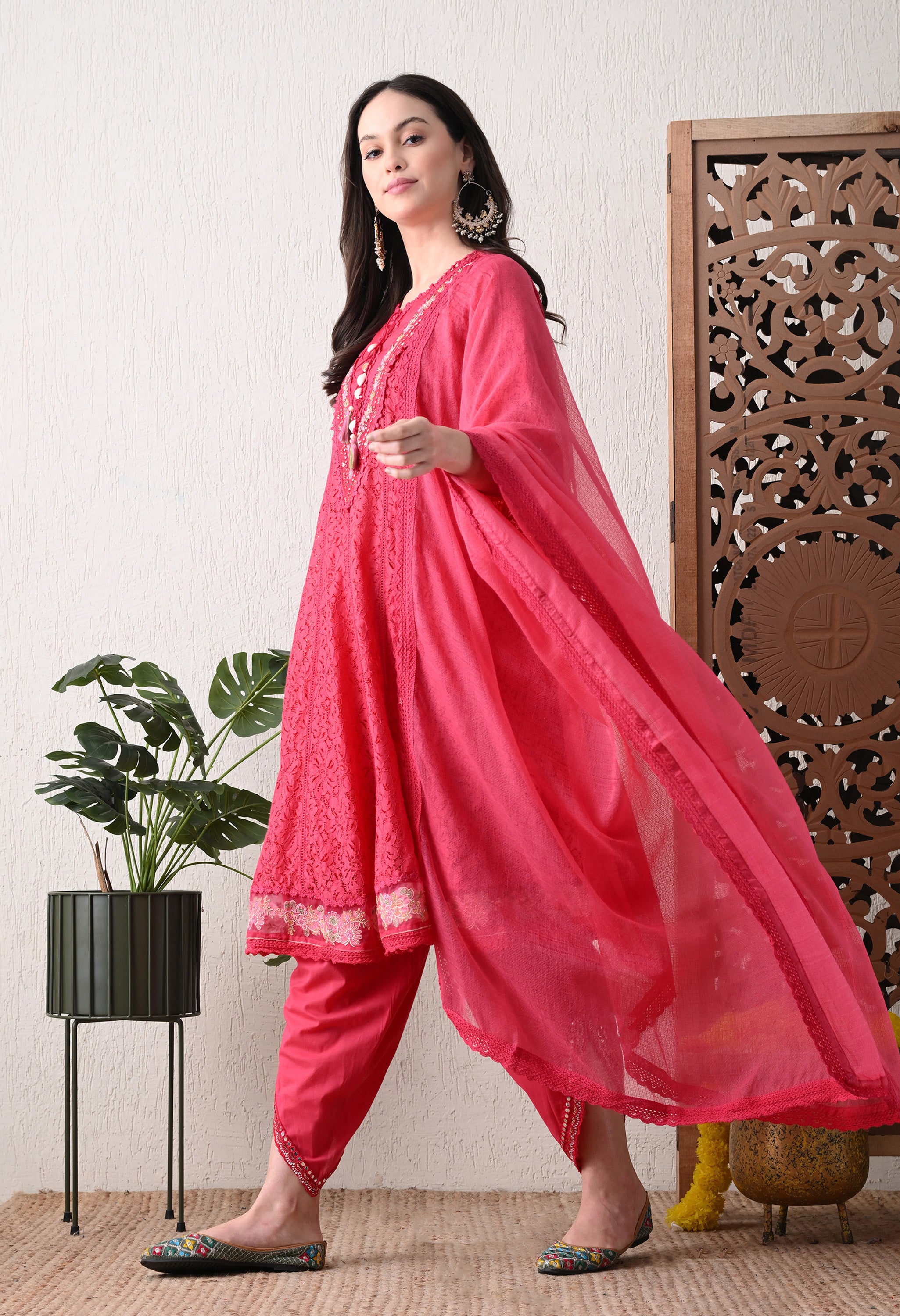Fuchsia Pink Embroidered Crochet Suit -Set of 3