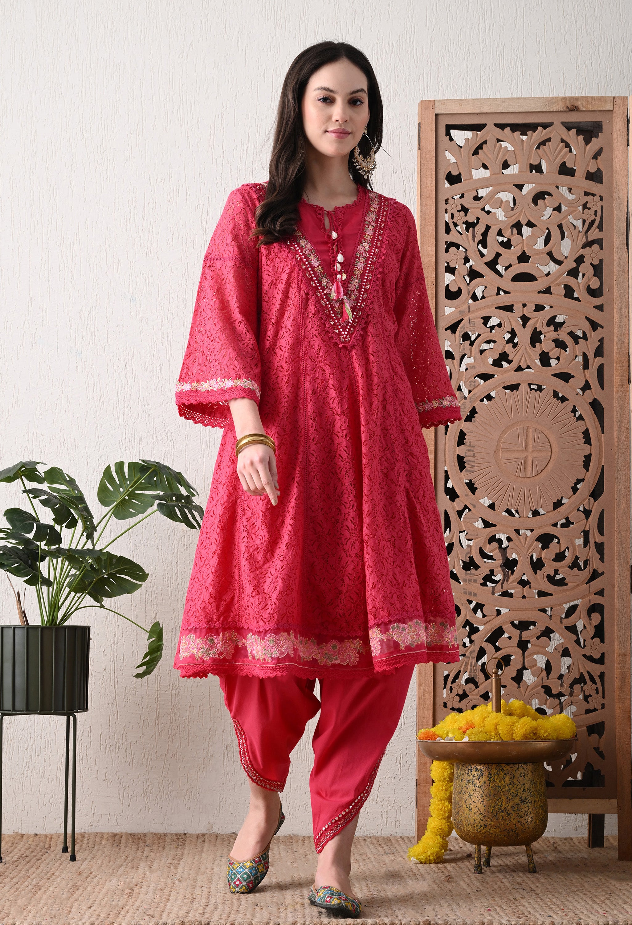 Fuchsia Pink Embroidered Crochet Suit -Set of 3