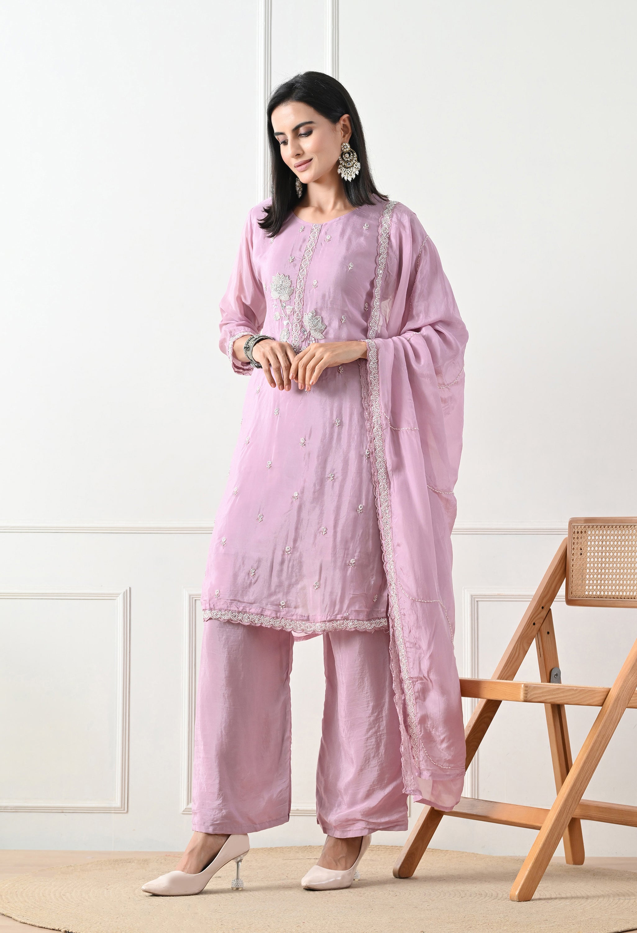 Lavender Tissue Crepe Hand Embroidered Suit- Set of 3