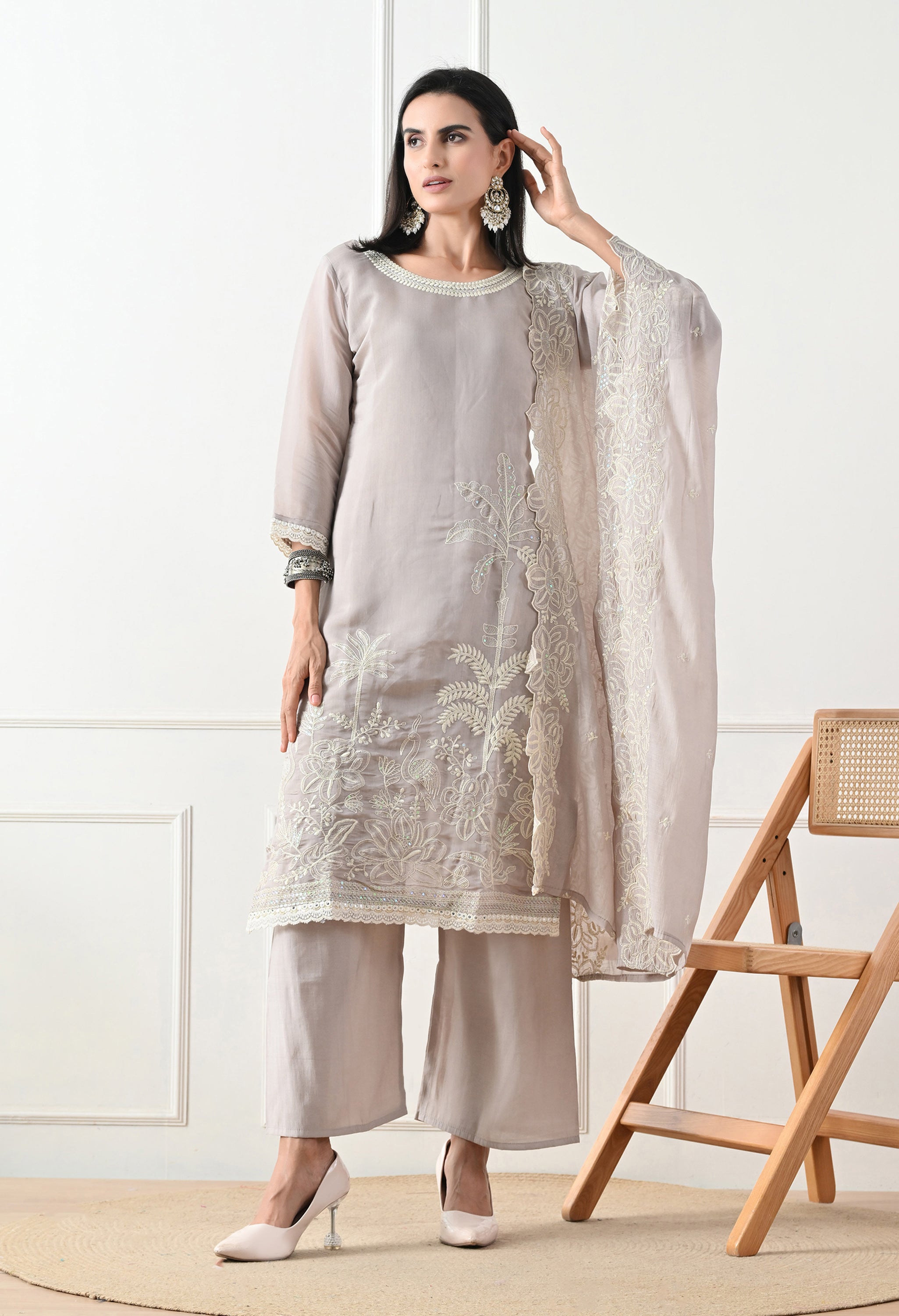 Grey Mul Chanderi Embroidered Suit - Set of 3
