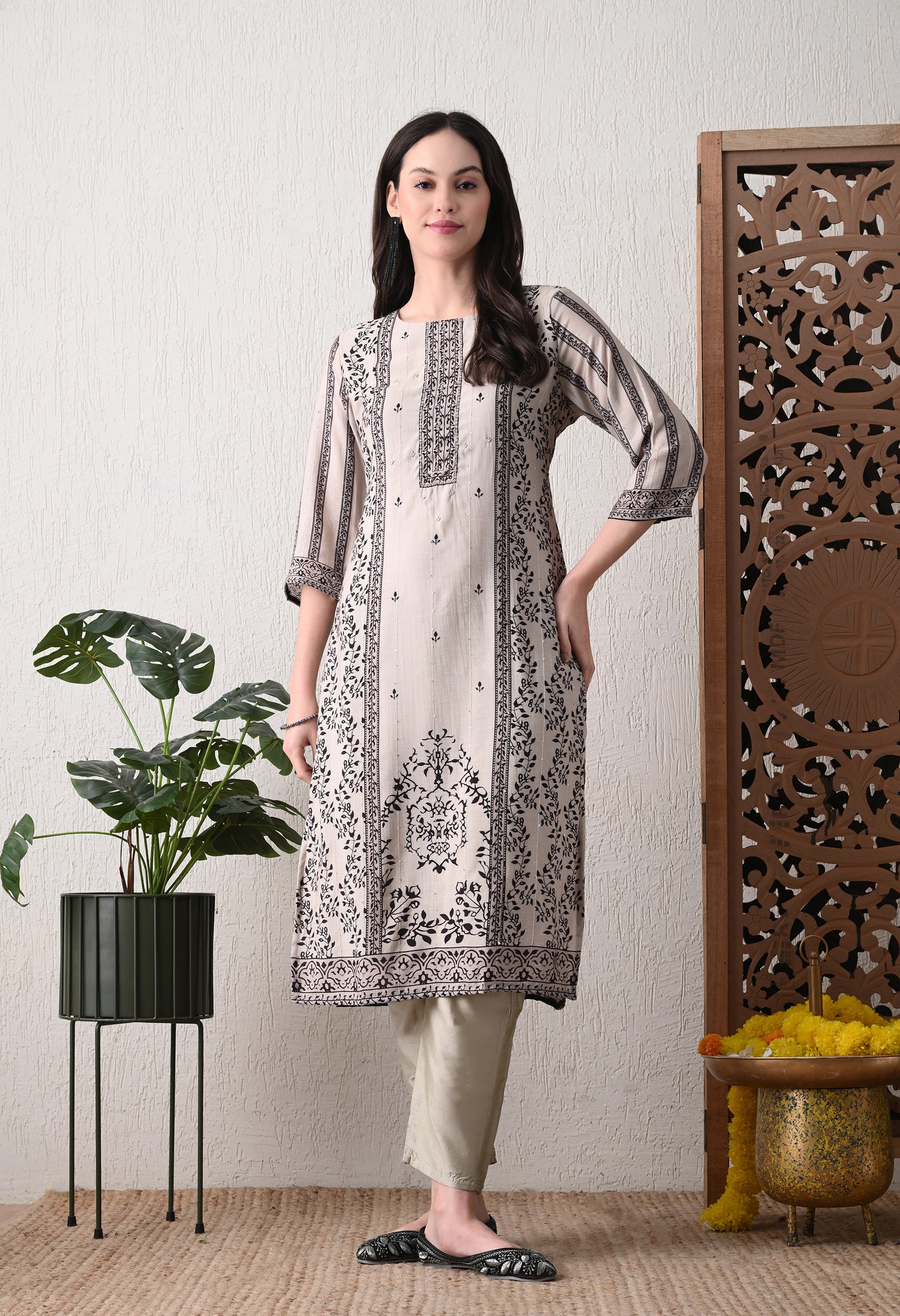 Cream Muslin Suit with Sequence Work Detailing- Set of 3