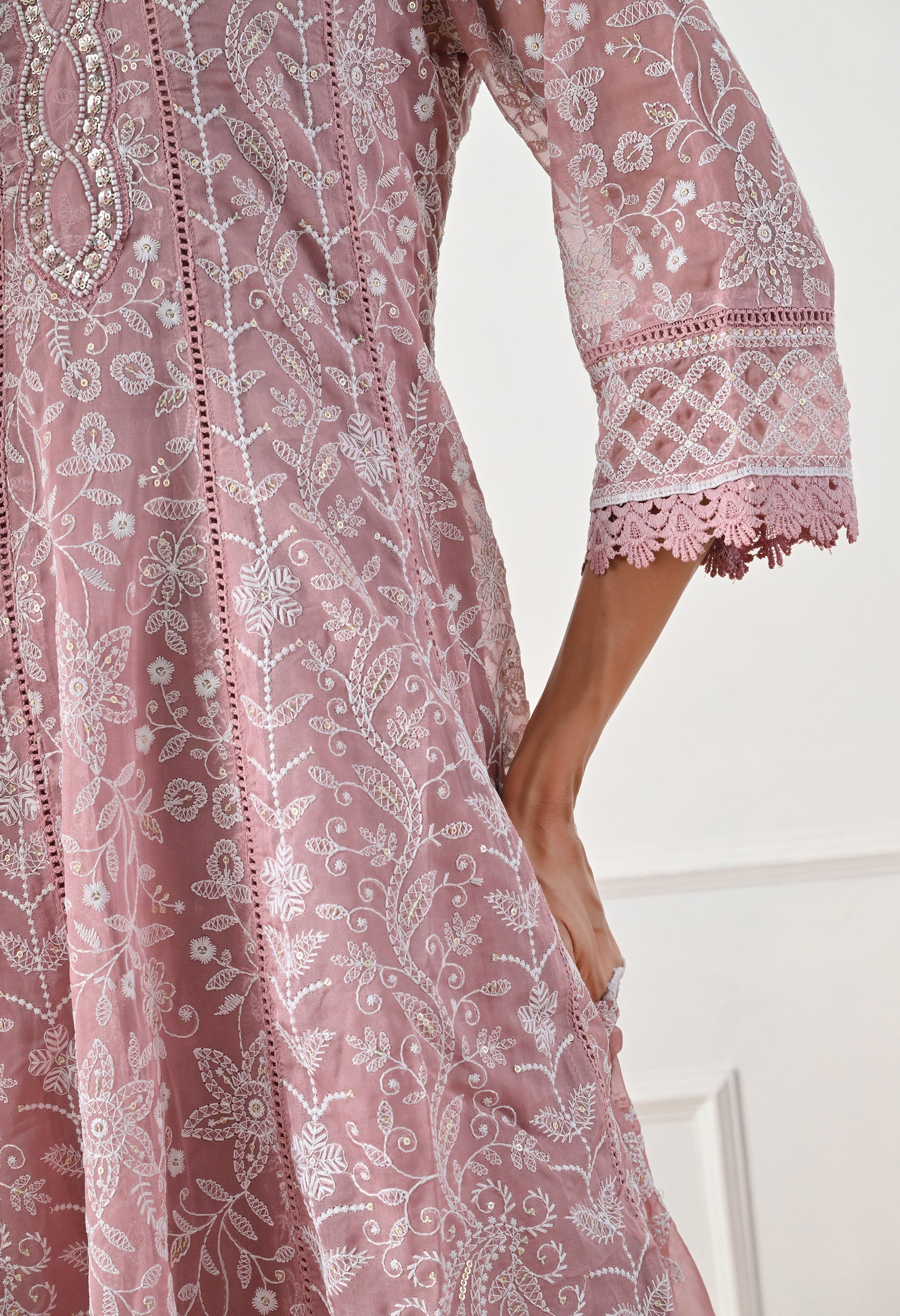 Dusty Rose Chikankari Pure Soft Organza Anarkali Suit- Set of 3