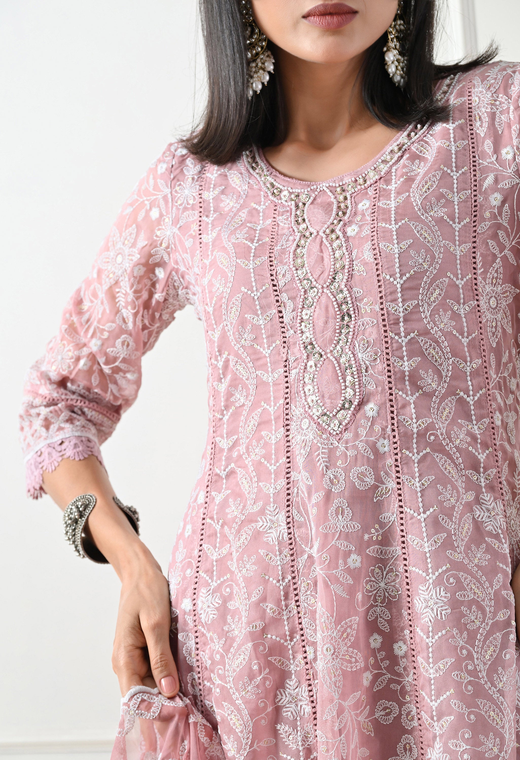 Dusty Rose Chikankari Pure Soft Organza Anarkali Suit- Set of 3
