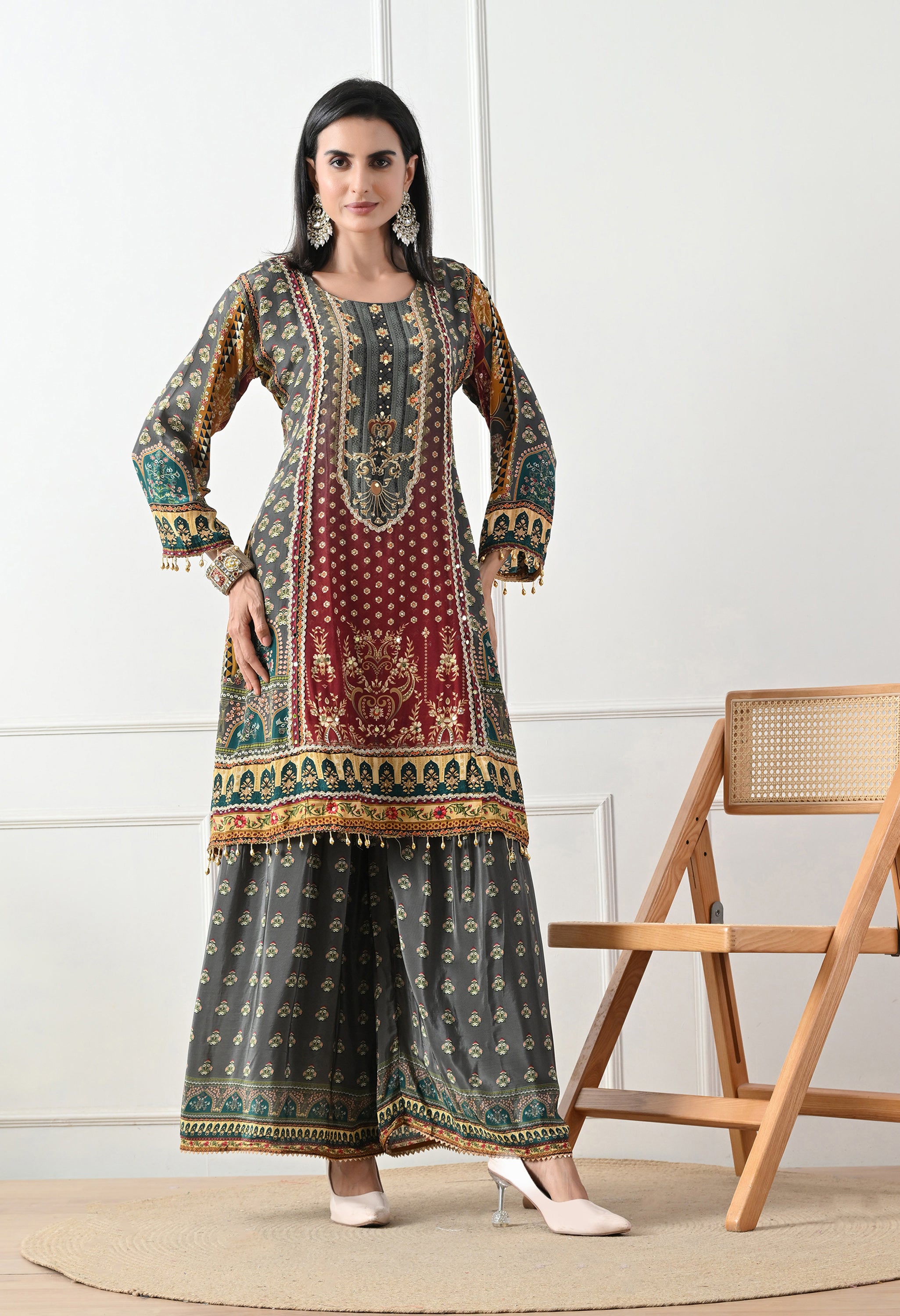 Crepe Grey A-Line Digital Print Gharara Suit - Set of 3
