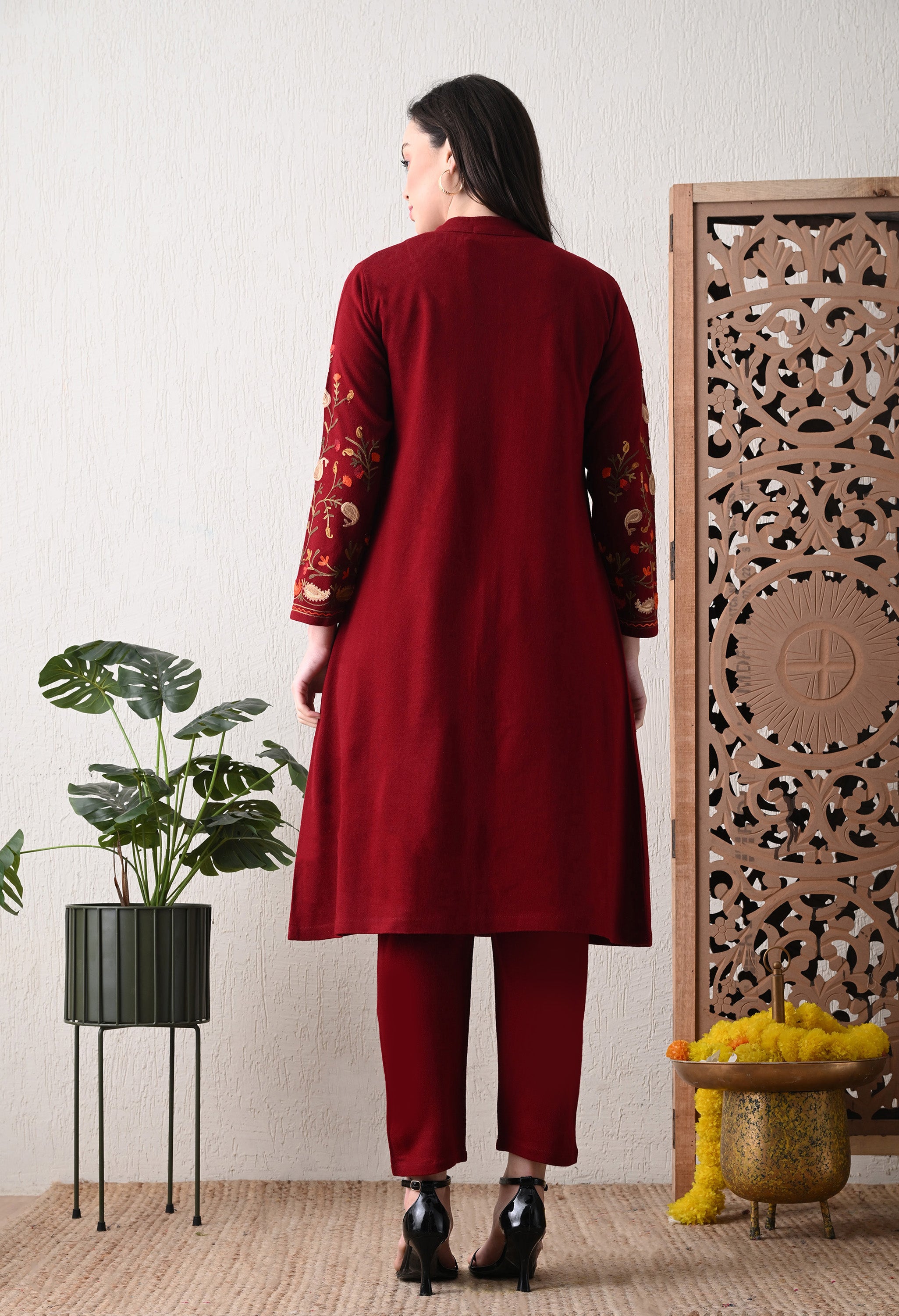 Red Woolen Set with Detachable Kashmiri Embroidered Jacket - Set of 3