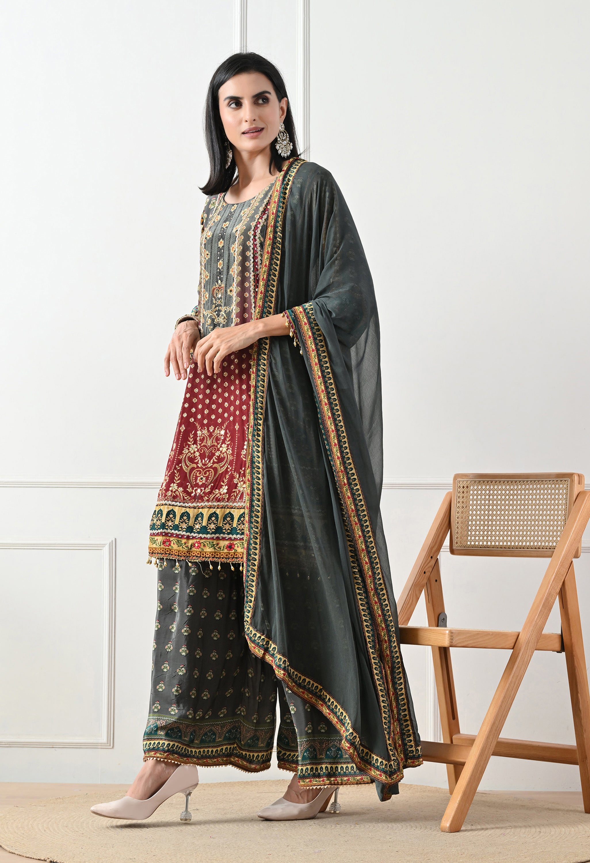 Crepe Grey A-Line Digital Print Gharara Suit - Set of 3