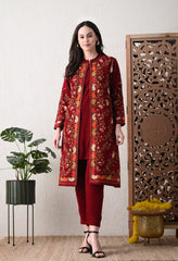 Red Woolen Set with Detachable Kashmiri Embroidered Jacket - Set of 3