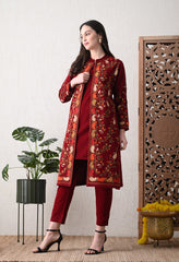 Red Woolen Set with Detachable Kashmiri Embroidered Jacket - Set of 3