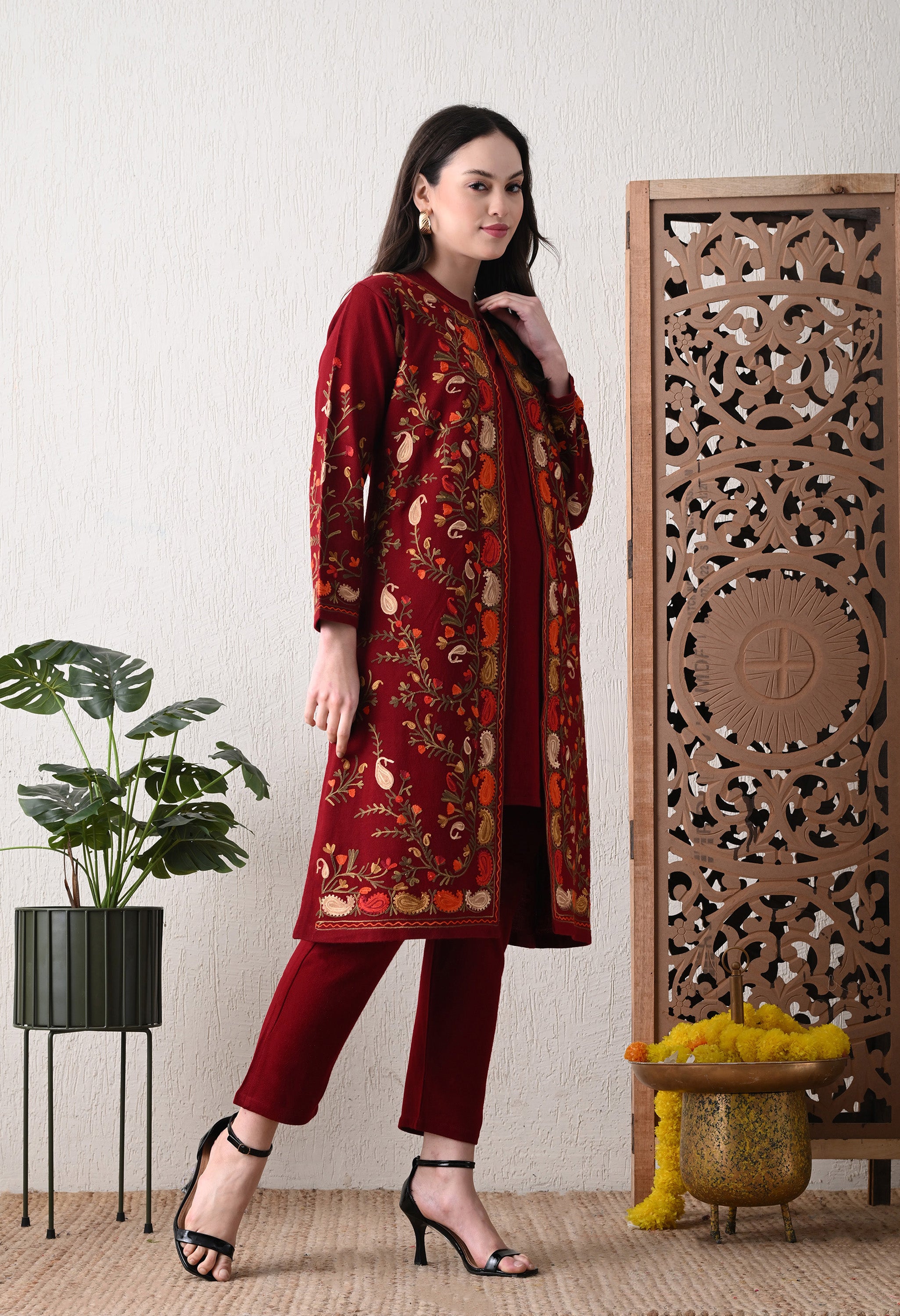 Red Woolen Set with Detachable Kashmiri Embroidered Jacket - Set of 3
