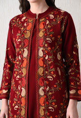 Red Woolen Set with Detachable Kashmiri Embroidered Jacket - Set of 3