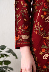 Red Woolen Set with Detachable Kashmiri Embroidered Jacket - Set of 3